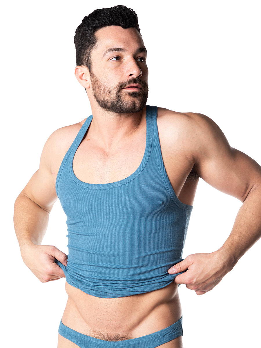 men's blue ribbed tank top - Body Aware UK