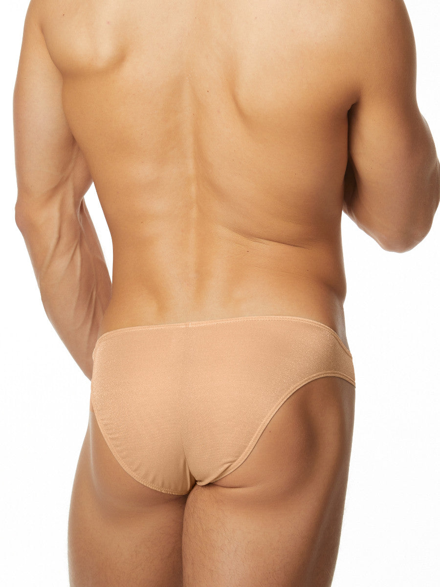 Men's nude shiny satin bikini cut brief panties