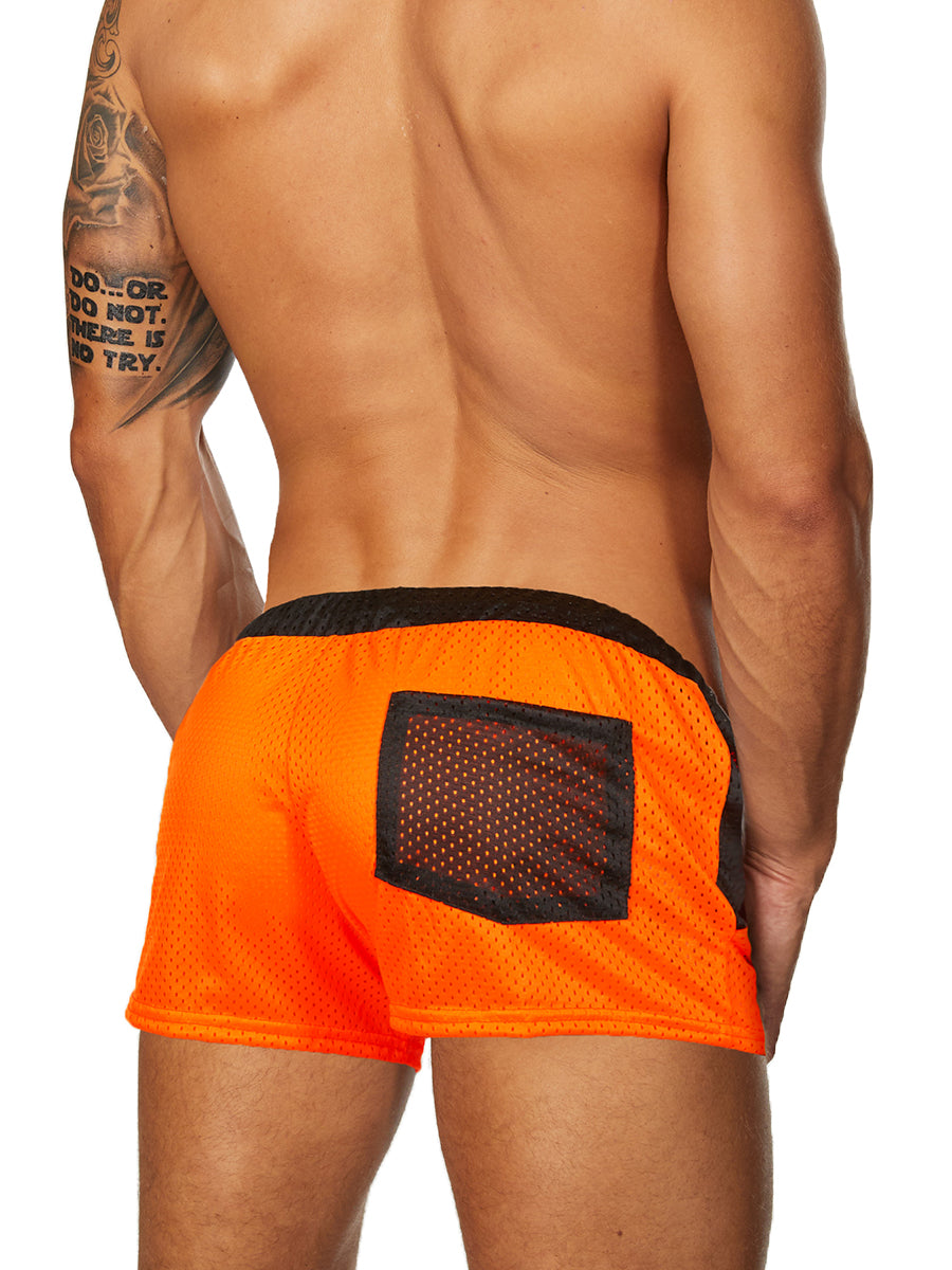 men's neon orange mesh shorts