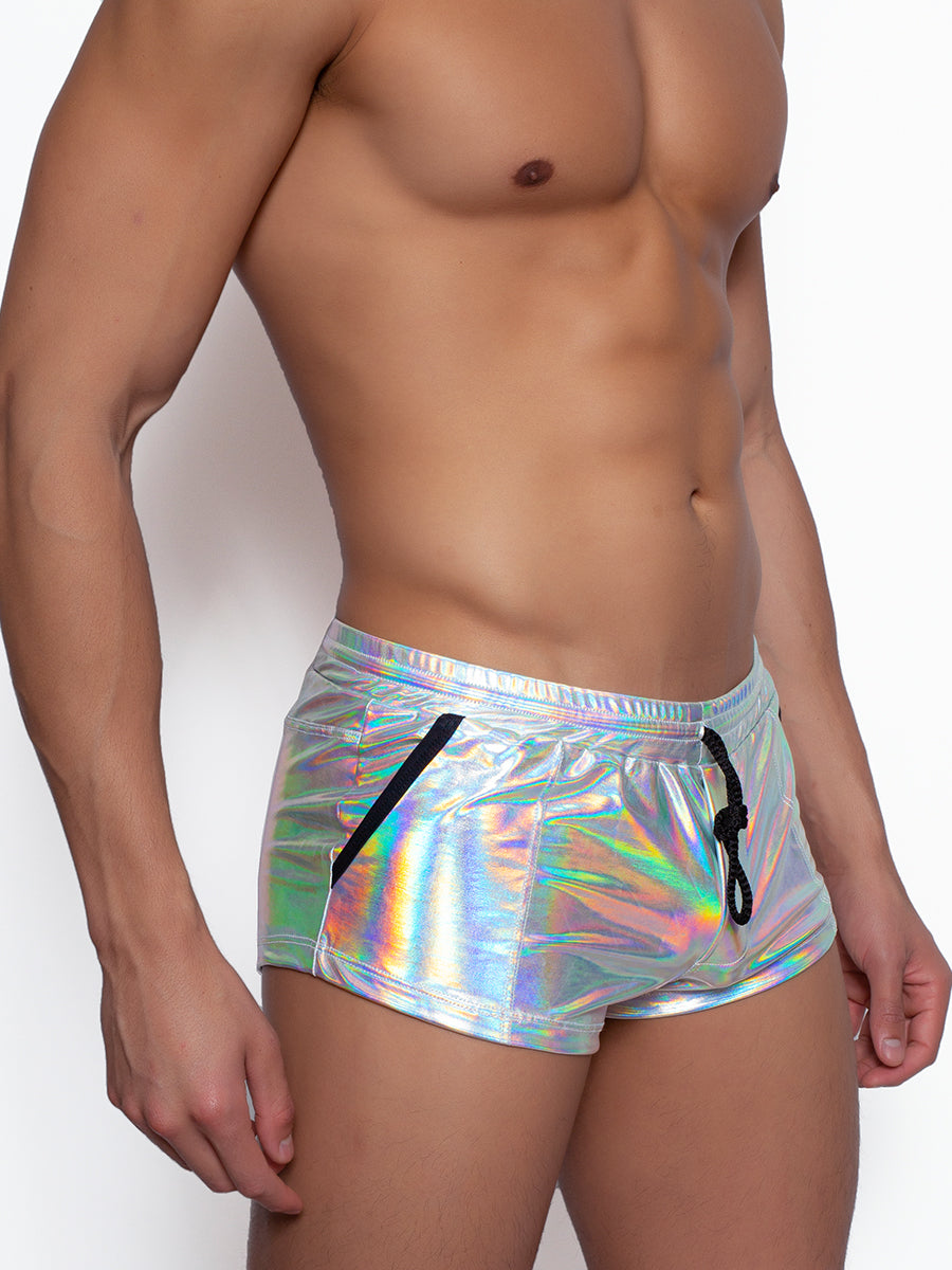 men's silver metallic shorts