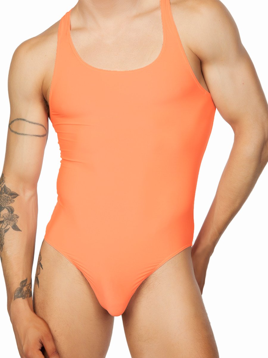 men's neon orange bodysuit leotard